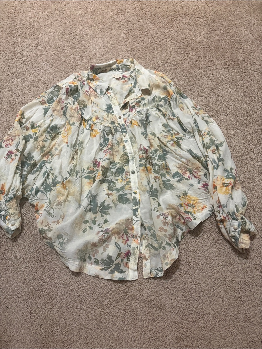 Pilcro Floral Button-Down Blouse in Cream with Green and Yellow